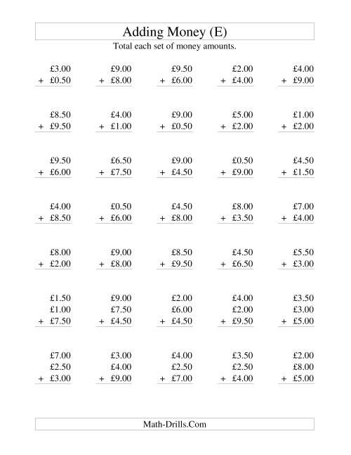 The Adding British Money to £10 -- Increments of 50 Pence (E) Math Worksheet