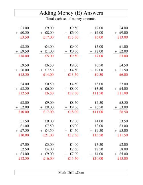 The Adding British Money to £10 -- Increments of 50 Pence (E) Math Worksheet Page 2