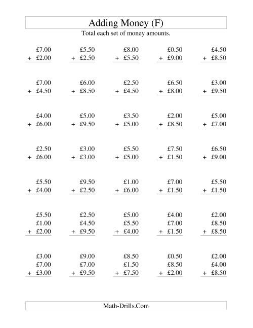 The Adding British Money to £10 -- Increments of 50 Pence (F) Math Worksheet