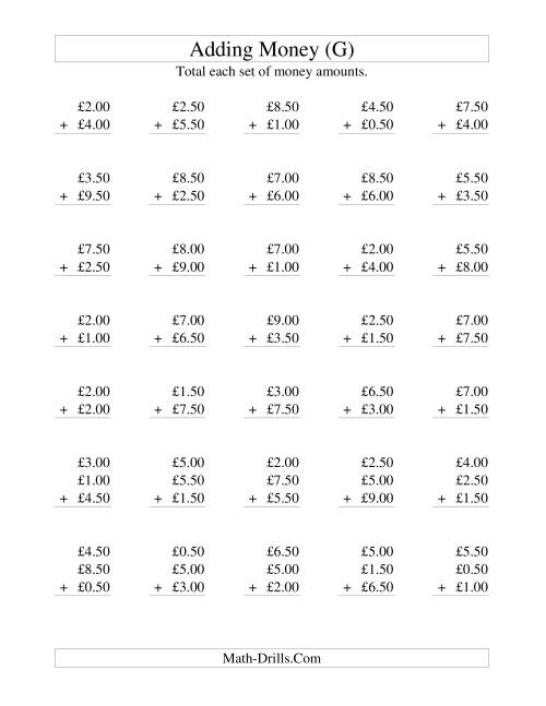 The Adding British Money to £10 -- Increments of 50 Pence (G) Math Worksheet