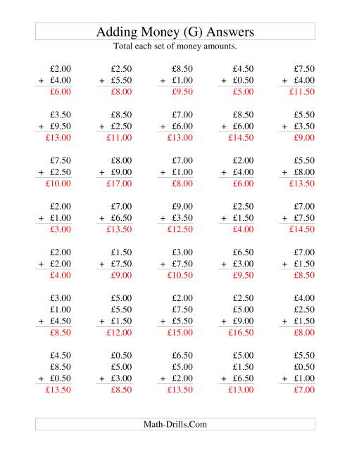 The Adding British Money to £10 -- Increments of 50 Pence (G) Math Worksheet Page 2