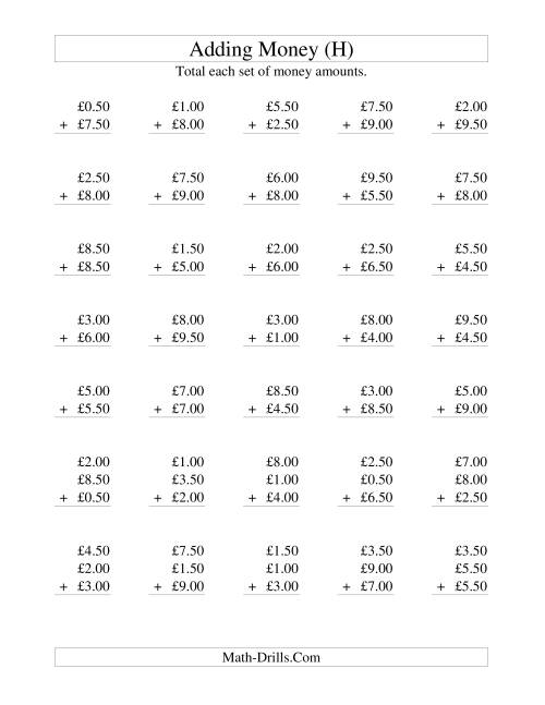 The Adding British Money to £10 -- Increments of 50 Pence (H) Math Worksheet