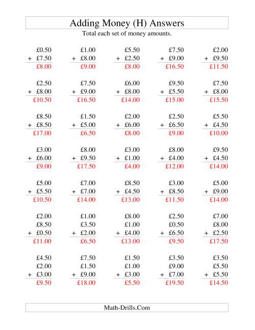 The Adding British Money to £10 -- Increments of 50 Pence (H) Math Worksheet Page 2