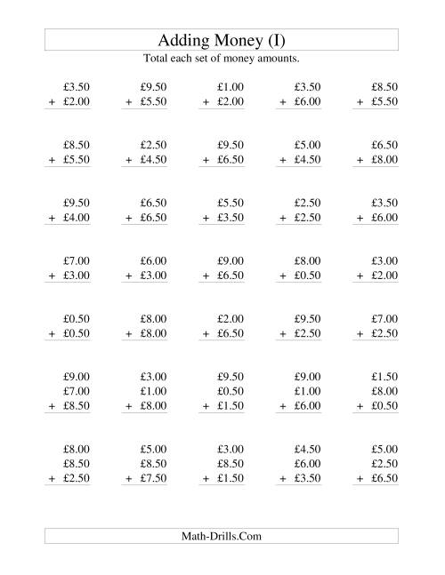 The Adding British Money to £10 -- Increments of 50 Pence (I) Math Worksheet
