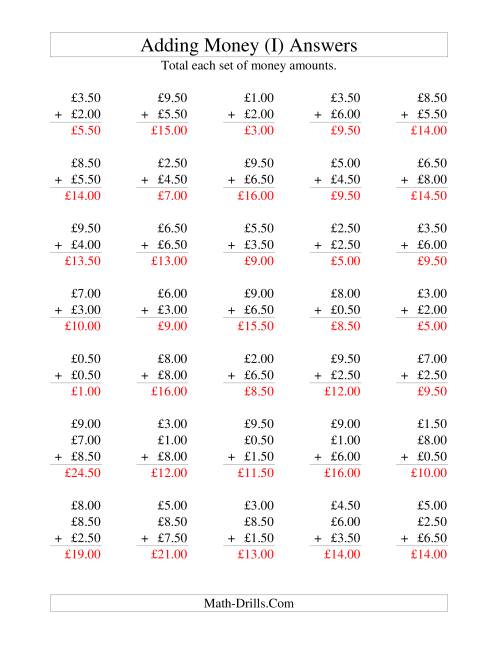 The Adding British Money to £10 -- Increments of 50 Pence (I) Math Worksheet Page 2