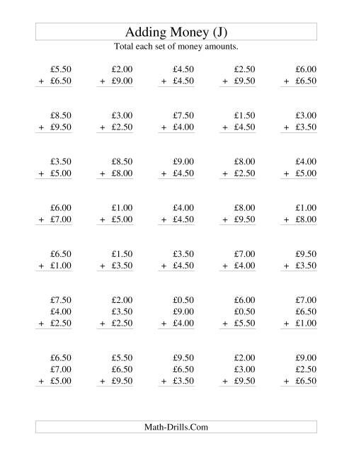 The Adding British Money to £10 -- Increments of 50 Pence (J) Math Worksheet