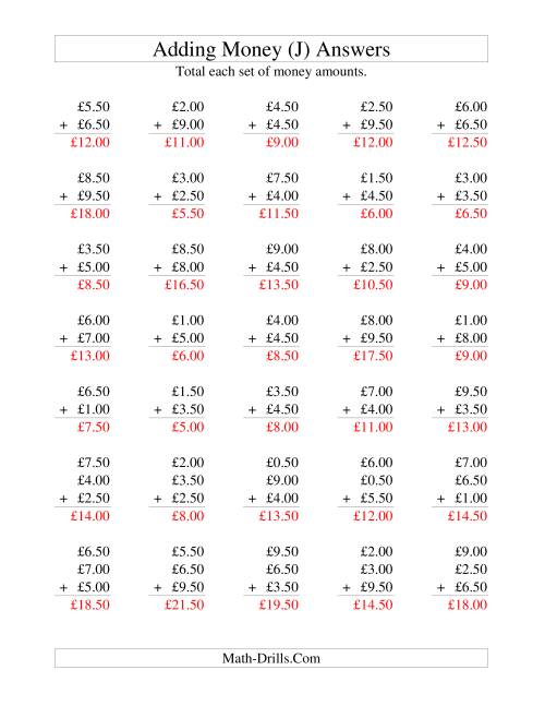 The Adding British Money to £10 -- Increments of 50 Pence (J) Math Worksheet Page 2