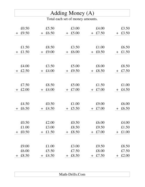 The Adding British Money to £10 -- Increments of 50 Pence (All) Math Worksheet