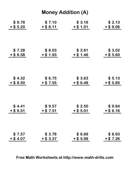 The Adding U.S. Money to $10 (Old) Math Worksheet