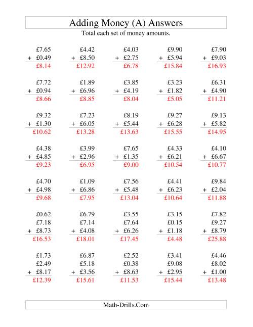 The Adding British Money to £10 (A) Math Worksheet Page 2