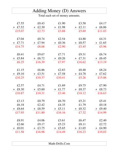 The Adding British Money to £10 (D) Math Worksheet Page 2