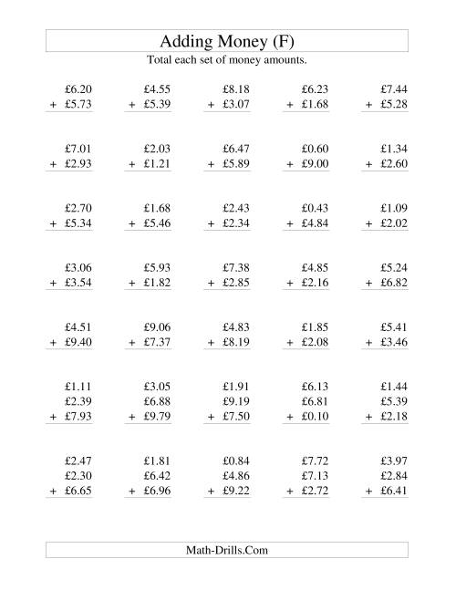 The Adding British Money to £10 (F) Math Worksheet