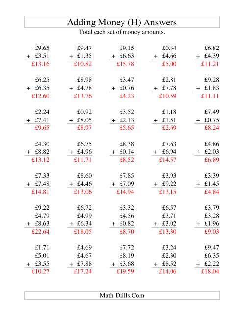 The Adding British Money to £10 (H) Math Worksheet Page 2