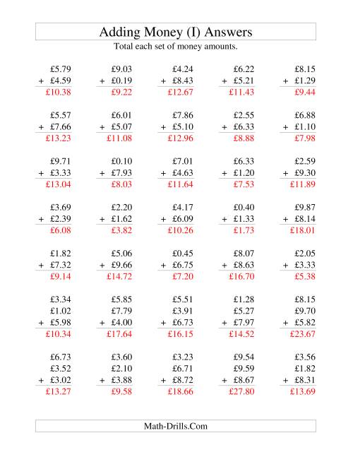 The Adding British Money to £10 (I) Math Worksheet Page 2