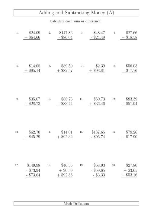 The Adding and Subtracting Australian Dollars with Amounts up to $100 (A) Math Worksheet