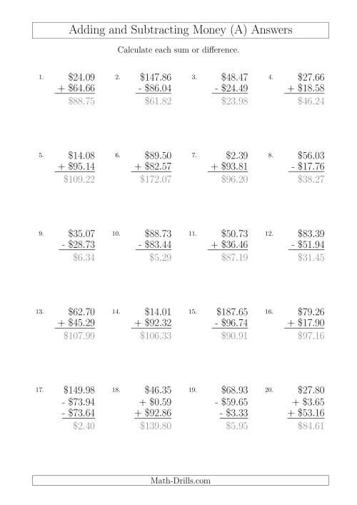 The Adding and Subtracting Australian Dollars with Amounts up to $100 (A) Math Worksheet Page 2