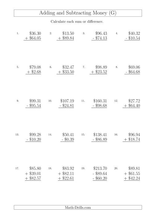 The Adding and Subtracting Australian Dollars with Amounts up to $100 (G) Math Worksheet