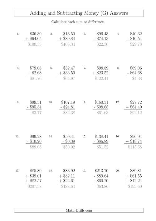 The Adding and Subtracting Australian Dollars with Amounts up to $100 (G) Math Worksheet Page 2