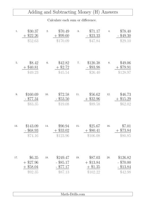 The Adding and Subtracting Australian Dollars with Amounts up to $100 (H) Math Worksheet Page 2