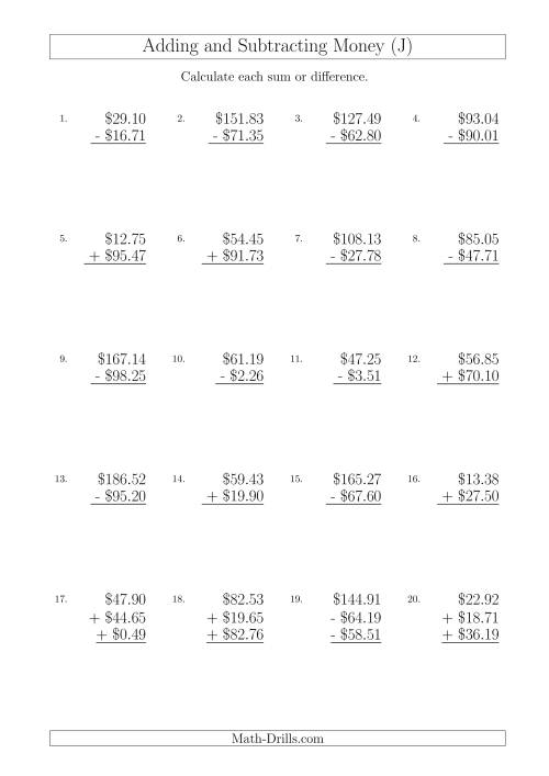 The Adding and Subtracting Australian Dollars with Amounts up to $100 (J) Math Worksheet