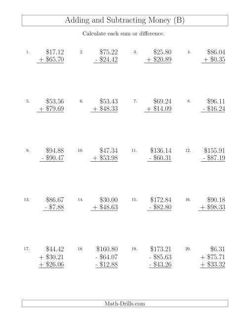 The Adding and Subtracting Dollars with Amounts up to $100 (B) Math Worksheet
