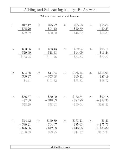 The Adding and Subtracting Dollars with Amounts up to $100 (B) Math Worksheet Page 2