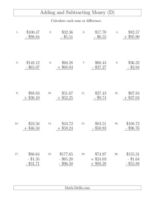 The Adding and Subtracting Dollars with Amounts up to $100 (D) Math Worksheet