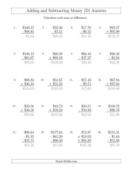 The Adding and Subtracting Dollars with Amounts up to $100 (D) Math Worksheet Page 2