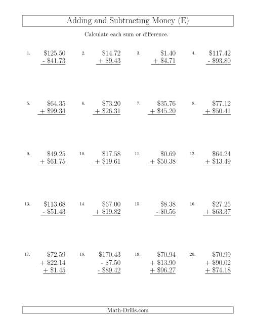 The Adding and Subtracting Dollars with Amounts up to $100 (E) Math Worksheet