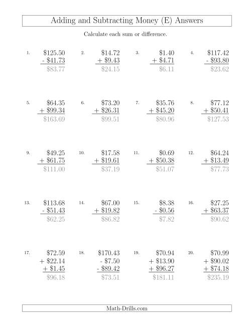 The Adding and Subtracting Dollars with Amounts up to $100 (E) Math Worksheet Page 2