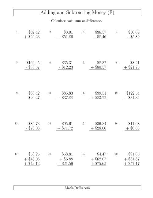 The Adding and Subtracting Dollars with Amounts up to $100 (F) Math Worksheet