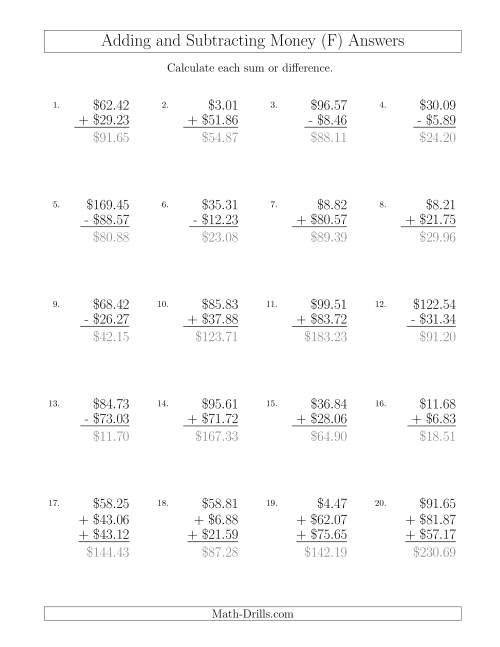 The Adding and Subtracting Dollars with Amounts up to $100 (F) Math Worksheet Page 2