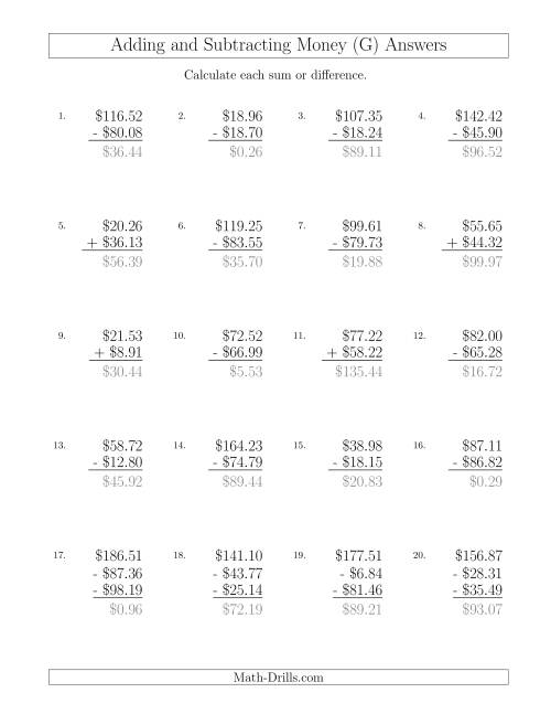 The Adding and Subtracting Dollars with Amounts up to $100 (G) Math Worksheet Page 2