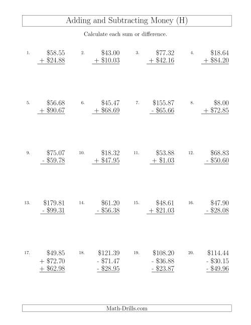 The Adding and Subtracting Dollars with Amounts up to $100 (H) Math Worksheet