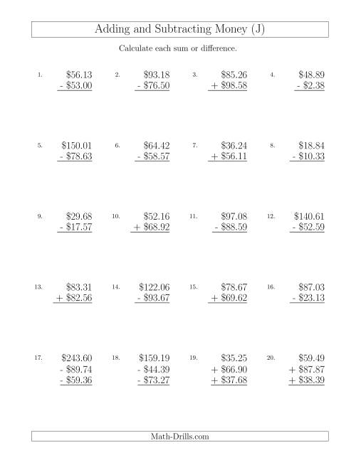 The Adding and Subtracting Dollars with Amounts up to $100 (J) Math Worksheet