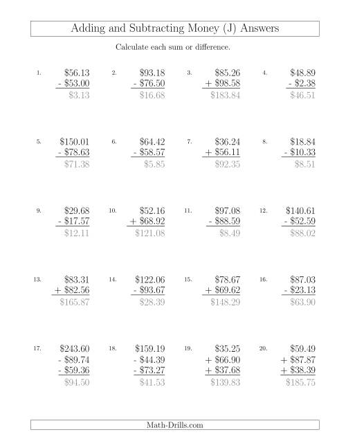 The Adding and Subtracting Dollars with Amounts up to $100 (J) Math Worksheet Page 2
