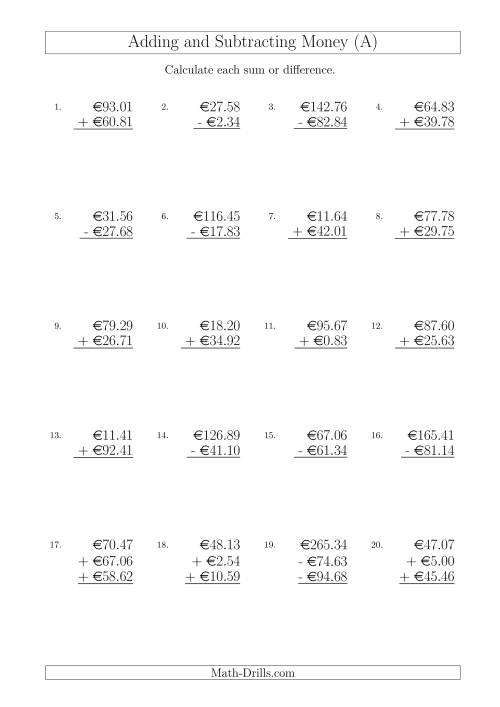 The Adding and Subtracting Euros with Amounts up to €100 (A) Math Worksheet