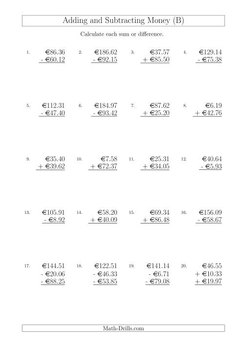 The Adding and Subtracting Euros with Amounts up to €100 (B) Math Worksheet