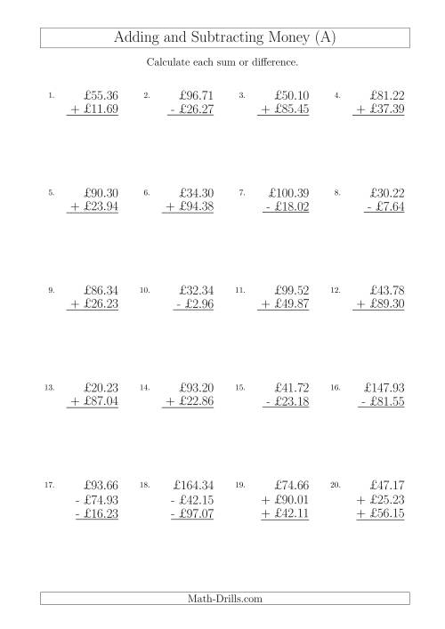 The Adding and Subtracting Pounds with Amounts up to £100 (A) Math Worksheet