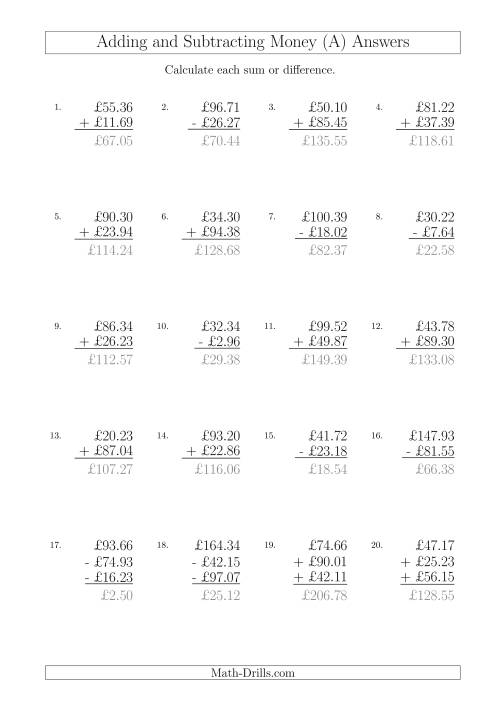The Adding and Subtracting Pounds with Amounts up to £100 (A) Math Worksheet Page 2
