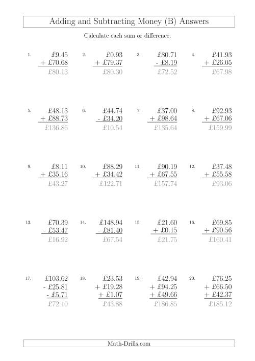 The Adding and Subtracting Pounds with Amounts up to £100 (B) Math Worksheet Page 2