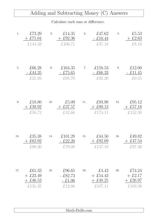 The Adding and Subtracting Pounds with Amounts up to £100 (C) Math Worksheet Page 2