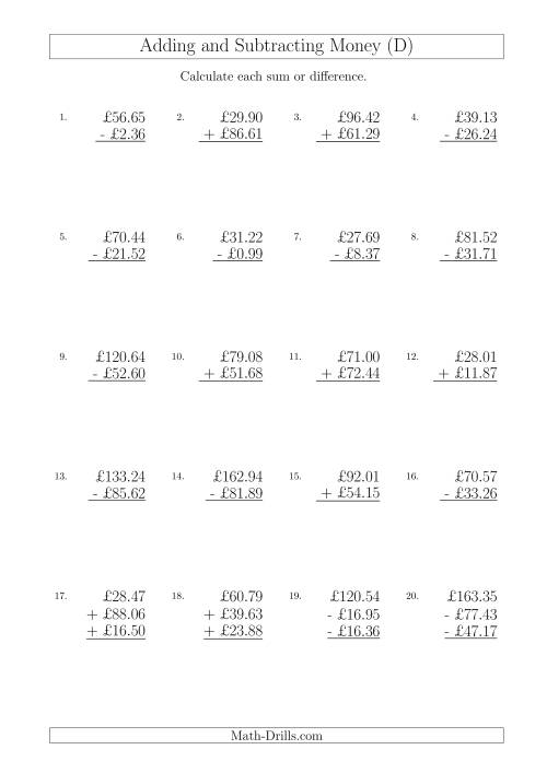 The Adding and Subtracting Pounds with Amounts up to £100 (D) Math Worksheet