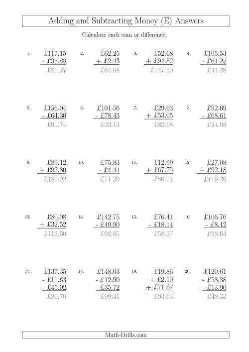 The Adding and Subtracting Pounds with Amounts up to £100 (E) Math Worksheet Page 2