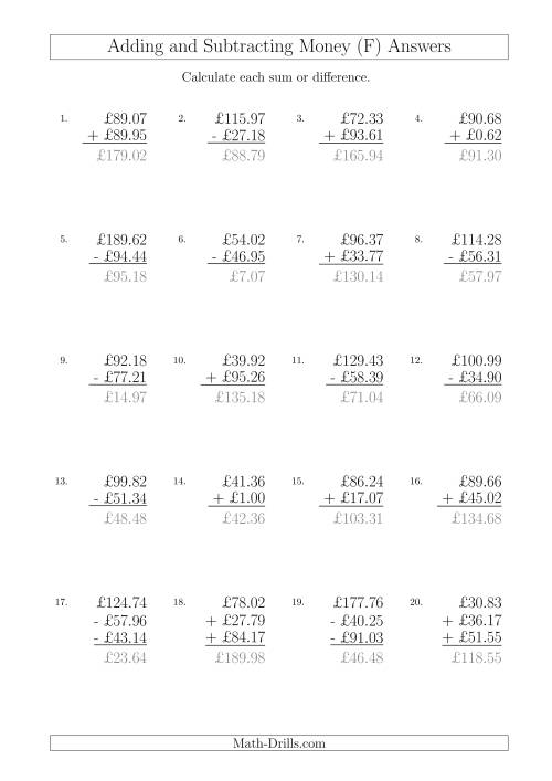 The Adding and Subtracting Pounds with Amounts up to £100 (F) Math Worksheet Page 2