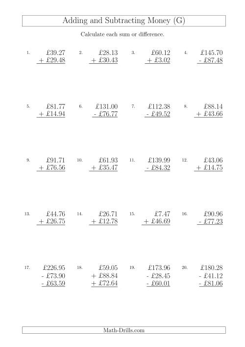 The Adding and Subtracting Pounds with Amounts up to £100 (G) Math Worksheet