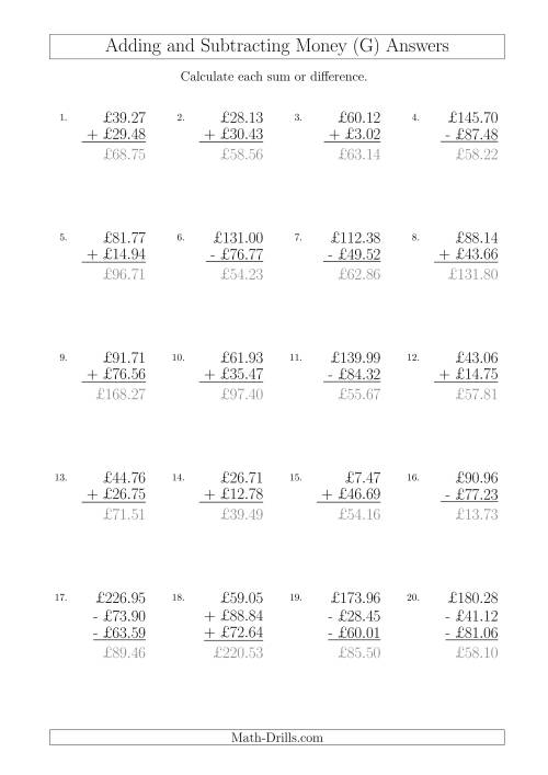 The Adding and Subtracting Pounds with Amounts up to £100 (G) Math Worksheet Page 2