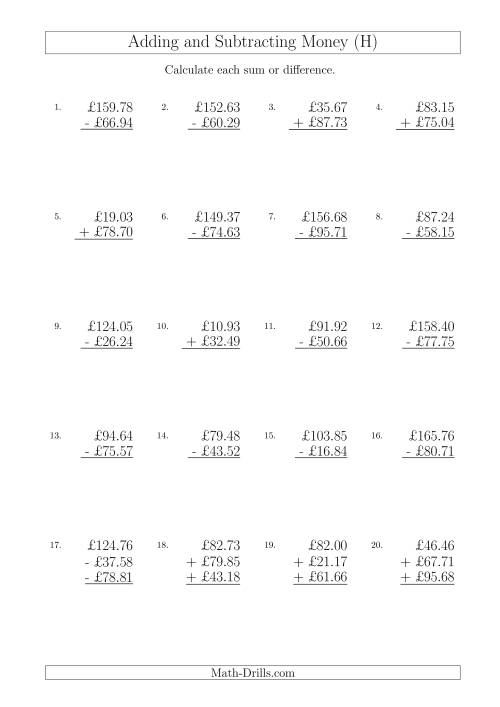 The Adding and Subtracting Pounds with Amounts up to £100 (H) Math Worksheet