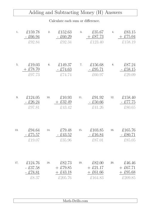 The Adding and Subtracting Pounds with Amounts up to £100 (H) Math Worksheet Page 2