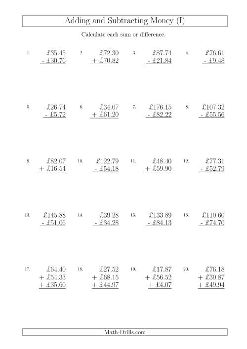 The Adding and Subtracting Pounds with Amounts up to £100 (I) Math Worksheet